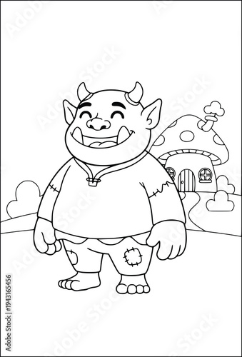 Coloring book illustration with a cute happy troll standing near a mushroom house