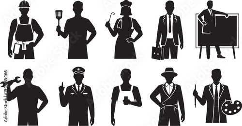 Silhouettes of people in various occupations holding tools and black