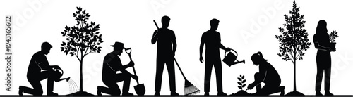 Gardening silhouettes, people planting, watering, digging, raking, outdoor care, trees, plants, environment, vector illustration, clipart, outline, black, design, lifestyle