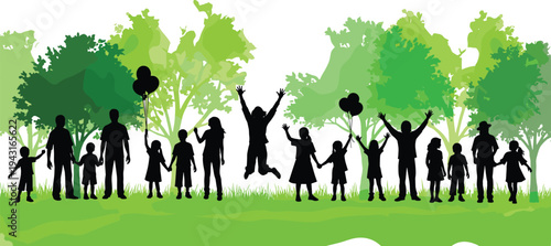 Black silhouettes of happy people and children playing in green park with trees and balloons, representing community, nature, family fun, and togetherness.