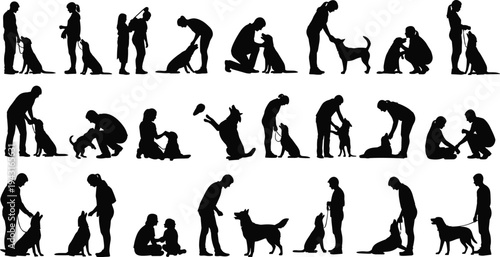 Human dog silhouettes, pet training, playing, walking, sitting, bonding, companionship, vector illustration, clipart, outline, black, graphic, design, posture, activity, relationship