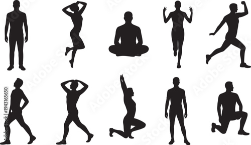 Silhouettes of people performing various exercises and yoga poses