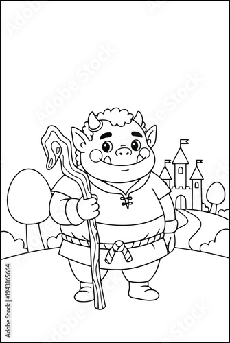 Coloring book illustration with a cute friendly troll holding a walking stick