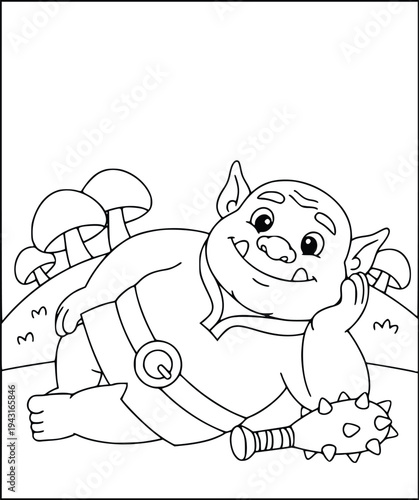 Coloring book illustration with a cute friendly troll reclining in a field