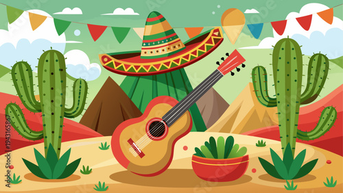 Colorful cartoon cactus with sunglasses and a surfboard at the beach