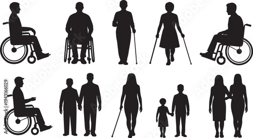 Silhouettes of people with disabilities and diverse activities in black and white