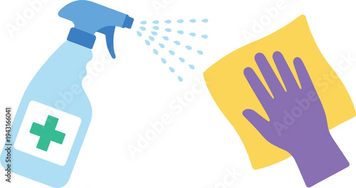 Cleaning and Disinfecting Surface with Antibacterial Spray Bottle and Gloved Hand Wiping with Yellow Cloth for Hygiene, Health, and Virus Prevention Protection