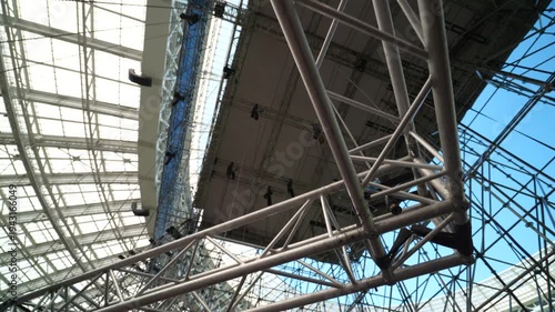 The process of building a concert venue at the stadium. Concert stage at the stadium before the concert