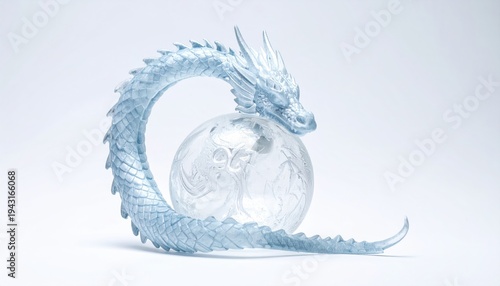 Elegant Blue Dragon Sculpture Coiled Around a Glass Globe.
