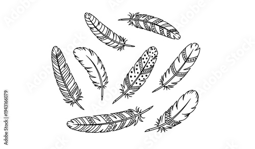 Boho hand drawn feather doodle set with seven decorative bird feathers in whimsical line art isolated on white background