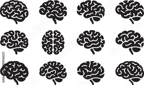 Twelve black and white brain in various perspectives medical science