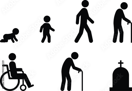 Human life stages silhouettes from baby crawling child adult elderly with cane wheelchair and grave aging cycle isolated vector illustration