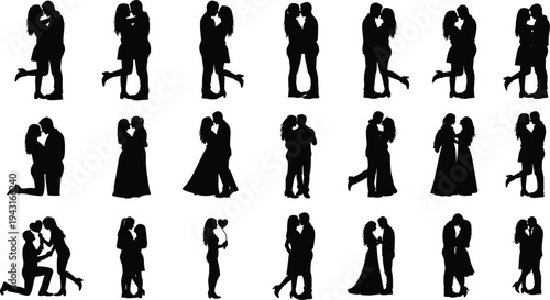 Romantic couple silhouettes, love, embrace, kiss, affection, relationship, passion, intimacy, romance, togetherness, unity, partnership, marriage, dating, vector illustration