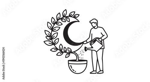 Man Watering Crescent Moon Plant Vector Illustration Growth and Dreams Concept