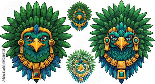 Set of 3 Aztec bird head vector illustrations