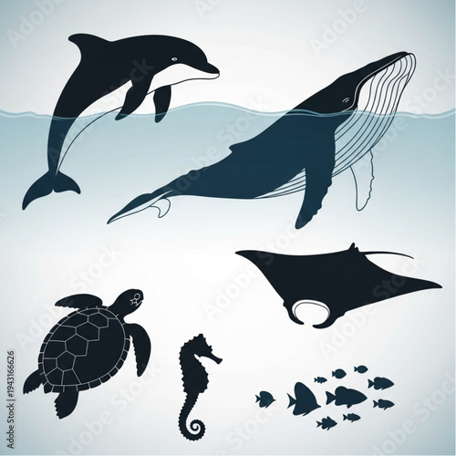 Dolphin Whale Turtle Seahorse Manta Ray Fish.