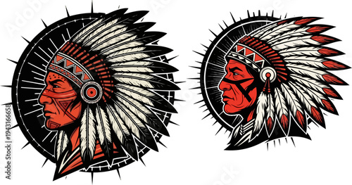 Set of 2 Native American Indian chief headdress vector icons