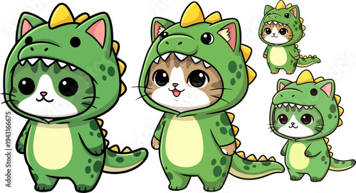 Set of 4 cute cartoon cats in dinosaur costumes vector