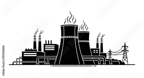 Nuclear Power Plant Illustration Black White.