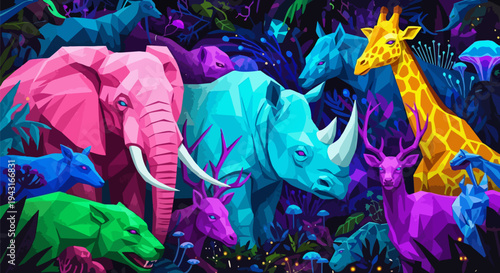 Vector illustration of colorful safari animals, elephant, rhino, giraffe, jungle wildlife