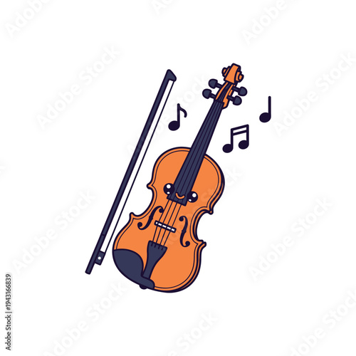 Violin with Bow and Musical Notes.