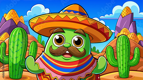 Colorful cartoon cactus character with a sombrero and sunglasses