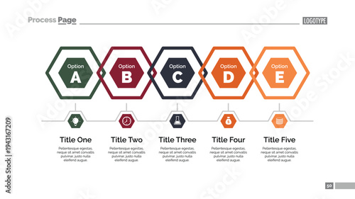 Process infographic with five hexagon options for business steps, timeline design with icons for presentation and workflow explanation