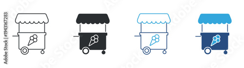 Ice cream cart icon set, street ice cream shop icon. Food dessert vendor concept. Ice cream stall symbol. Vector illustration.