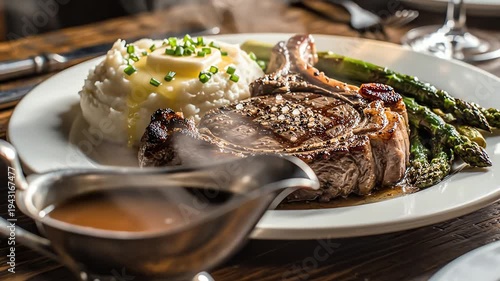Gourmet meal with steak asparagus and mashed potatoes on plate