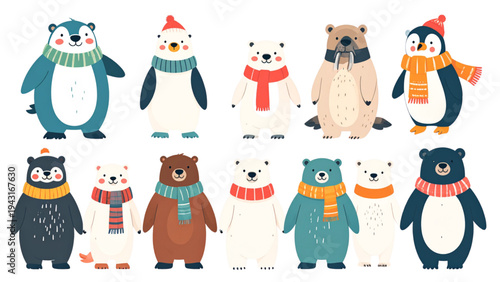 Kawaii Polar Animals Group with Winter Accessories Arctic Wildlife Vector