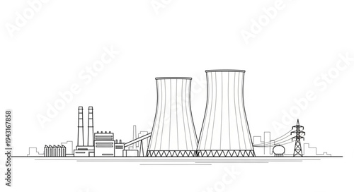 Nuclear Power Plant Cooling Towers Illustration.