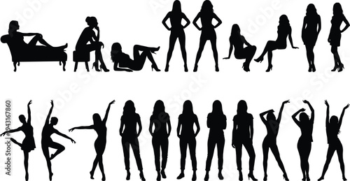 Women silhouettes collection standing sitting dancing and posing female characters fashion lifestyle elegance isolated black vector illustration set