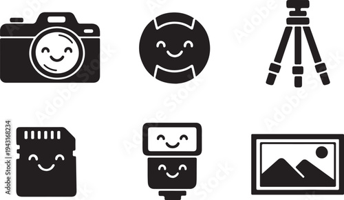  Camera icon set with smiling lens
