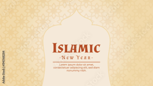 Islamic new year greeting card design with traditional mosque silhouette and floral geometric pattern on warm beige background for religious holidays