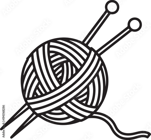 Black and white ball of yarn with knitting needles also transparent background craft