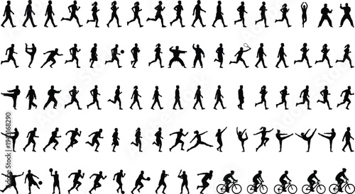 Sport and fitness people silhouettes running cycling martial arts exercise activities collection isolated black vector illustration set