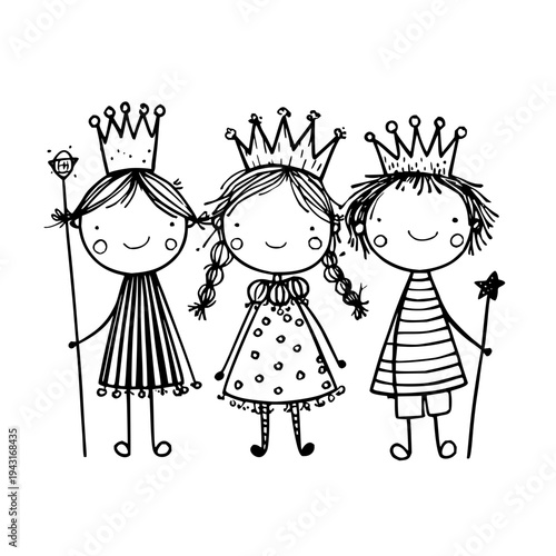 Three Smiling Cartoon Girls Wearing Crowns and Holding Wands on White