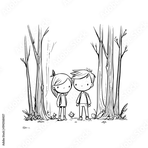Two Children Standing Together in Forest