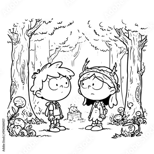 Sad Children Standing in Forest with Angry Expressions