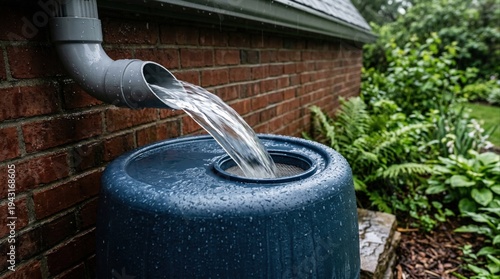 rainwater collection system in garden with blue barrel overflowing during a rainy day