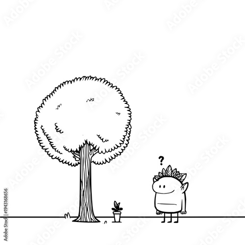 Confused Monster Standing Next to Small Plant and Big Tree
