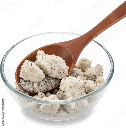 Cottage Cheese in Glass Bowl with Wooden Spoon