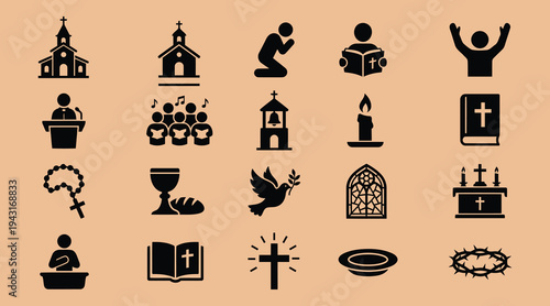 Christianity symbols and objects collection including churches and religious icons  various faith representations