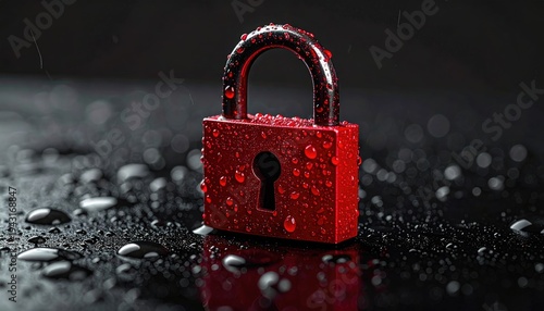 A striking red padlock covered in water droplets sits on a dark wet surface symbolizing security and protection.