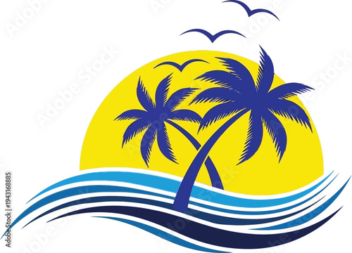 Tropical beach scene illustration features two palm trees leaning over vibrant blue ocean waves beneath a bright yellow setting or rising sun.