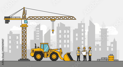 Construction Site with Crane and Machinery.