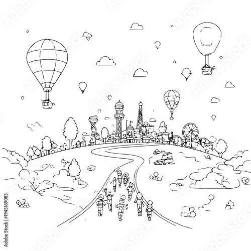 Hot Air Balloons Flying over City Skyline with People Walking on Winding Road