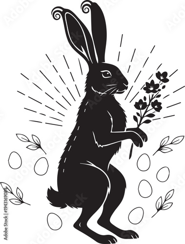 Black silhouette of a hare holding a sprig of flowers with decorative elements and eggs around it for Easter celebration