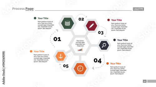 Circular infographic design with five numbered steps, hexagon shapes for business process and workflow visualization, data presentation