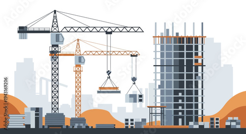 Construction Site with Cranes and Building.